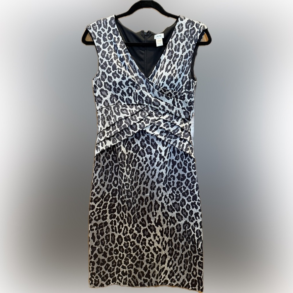 Cache Leopard Dress Size 6 Gray Black Ruched Bodycon Chic Made in USA